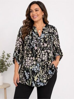 Calvin Klein Blouse Women’s 3X Black Botanical Print Roll Tab Sleeve Tunic Top